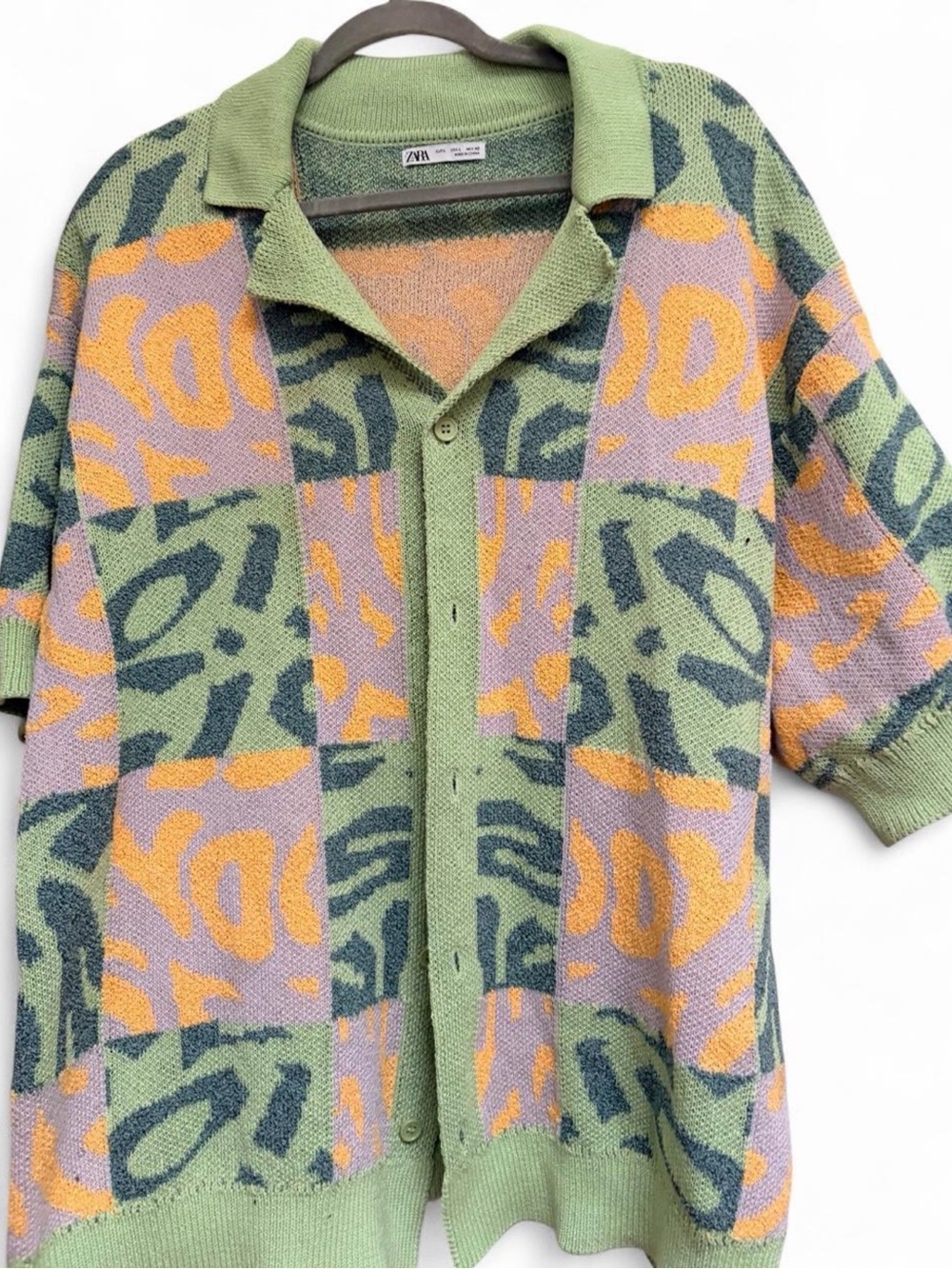 Zara Men’s Green Patterned Short-Sleeve Knit Cardigan